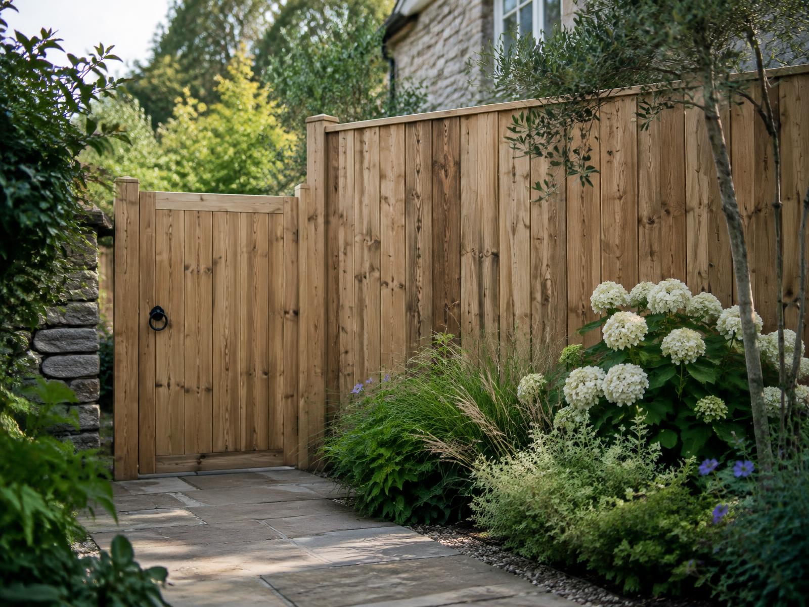 Natural timber fencing and garden gate beside planting