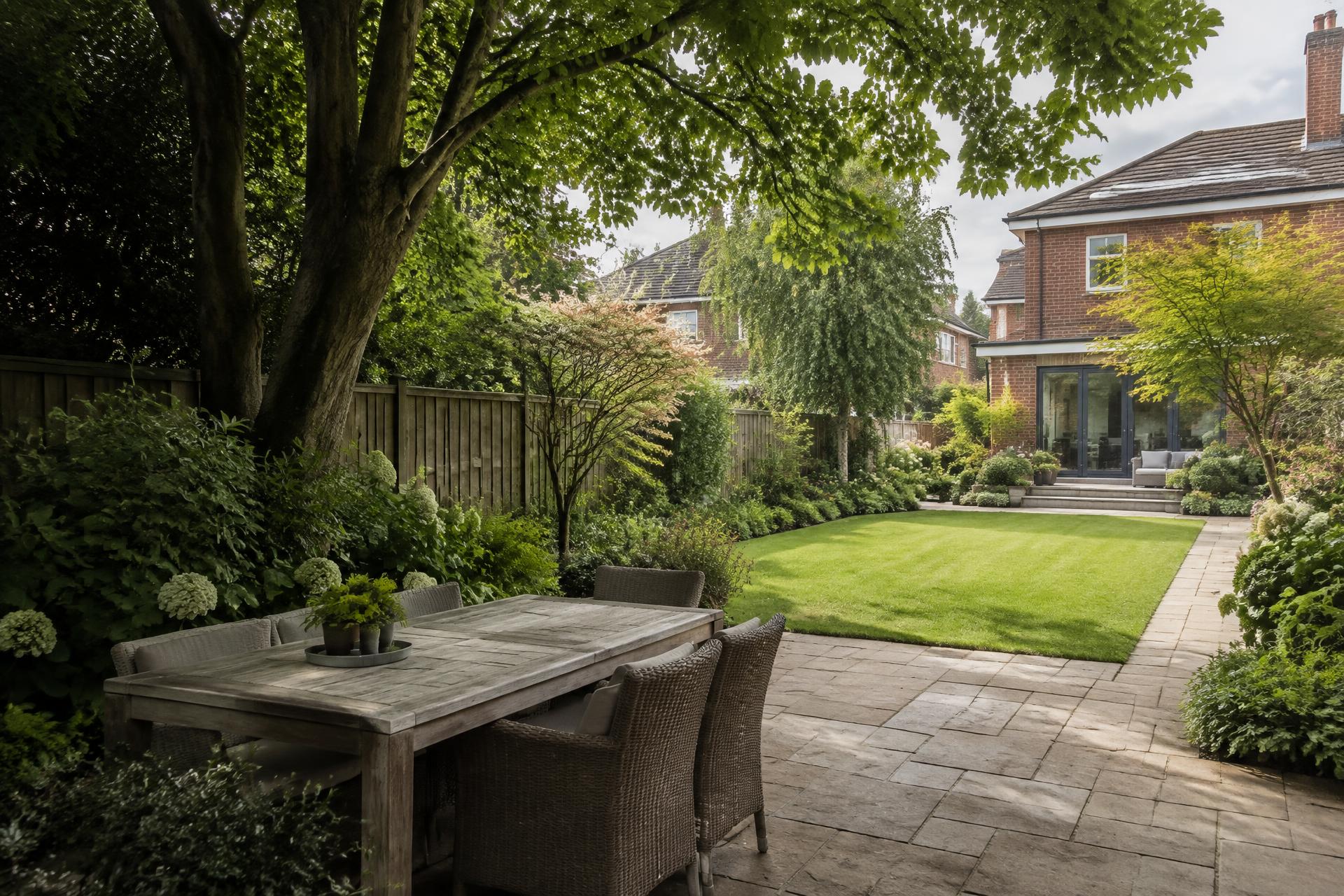 Landscaped British garden with mature trees, lawn and natural stone patio